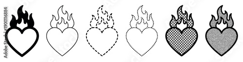 Six black and white flaming heart icons in a graphic set showing various styles like outline, dashed, dotted, crosshatch, and stipple for a passionate design element