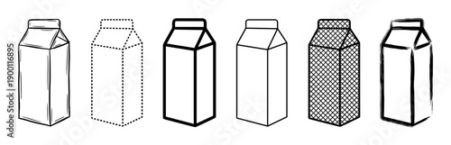 Set of six black and white milk cartons presented in various graphic styles, including hand-drawn sketch, dotted line, bold outline, thin line, crosshatch pattern, and brush stroke