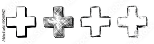 Four hand-drawn plus symbols or crosses illustrated in a black and white sketch style, showing different artistic variations like outline, solid, and cross-hatching