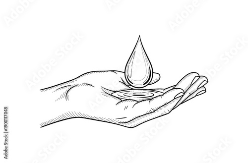 Hand with water drop sketch - minimalist design with detailed lines