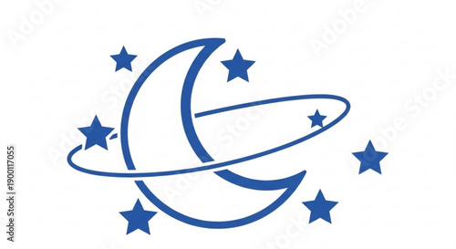 A minimalist vector graphic of a crescent moon surrounded by stars