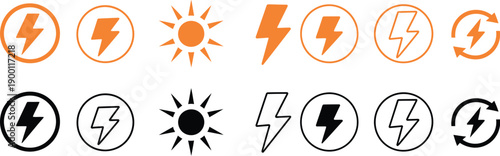 Set of lightning bolt icons, electricity and voltage signs collection, electric power logo and energy symbol pack, flash and thunder bolt shapes, clean vector illustration isolated.