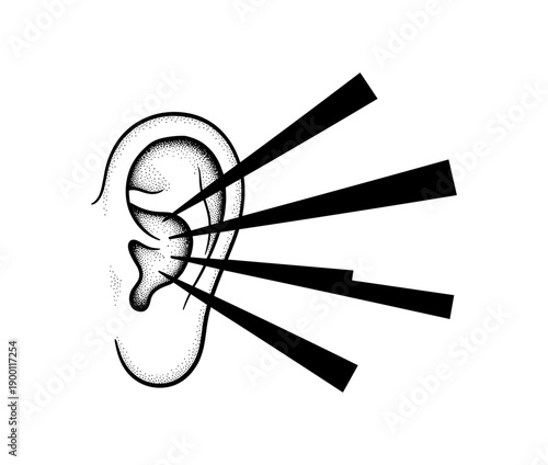 Stylized ear with sound waves in black and white dotwork design