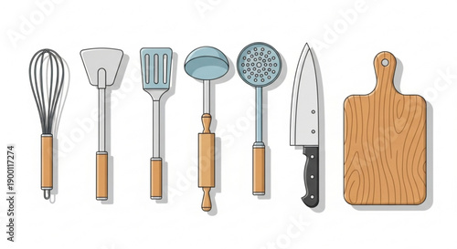A set of kitchen utensils and a cutting board in a flat, minimalist design