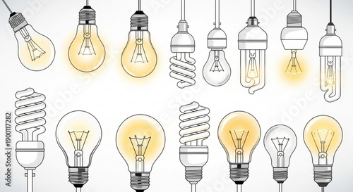 A vector graphic illustration of various light bulbs in different styles and designs