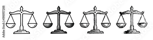Set of four hand-drawn scales of justice icons showing a progression from simple line art to a detailed, rough sketch, symbolizing law, balance, and judgment