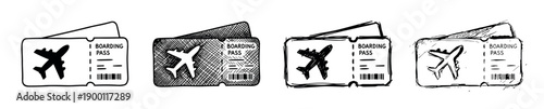 Four hand-drawn airline boarding pass illustrations in a black and white sketch style, showing different doodle variations of a travel ticket with an airplane icon and barcode
