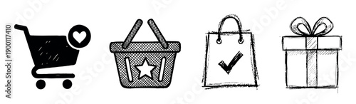 Set of four hand-drawn shopping icons including a cart, basket, bag, and gift box in a sketchy doodle style representing ecommerce, online retail, and purchasing