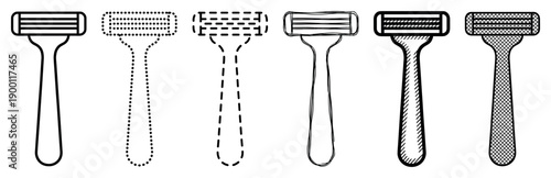 Set of six black razor icons presented in various artistic styles including simple outline, dotted, dashed, hand-drawn sketch, and cross-hatching for grooming concepts