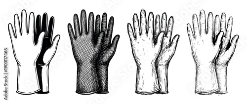 Set of four hand-drawn protective gloves in a vintage sketch style showing different textures and details for safety and hygiene concepts in a monochrome illustration