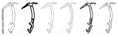 Set of six ice axe illustrations in various artistic styles, including line art, silhouette, sketch, and engraved designs for mountaineering and climbing concepts