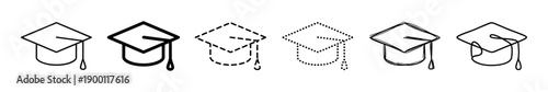 Set of black graduation cap icons in various line art styles including bold, dashed, dotted, and hand-drawn sketch for academic and educational design elements