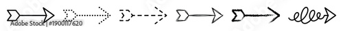 Set of black hand-drawn arrow icons pointing right, a collection of various doodle and sketch style pointers with different line textures like dotted and dashed