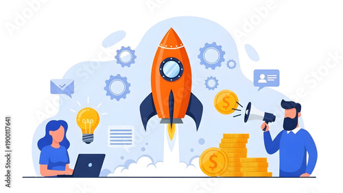 Business Startup Launch with Rocket Rocketing Success and Financial Growth Elements, Perfect for Entrepreneurial Growth and Project Kickoff Marketing.