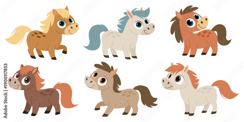 Fototapeta premium Cute Pony Characters Set. Colorful Cartoon Horses. Adorable Farm Animals. Flat Vector Illustration Collection.
