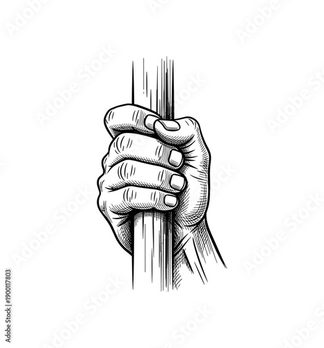 Hand gripping a vertical pole with detailed line art style