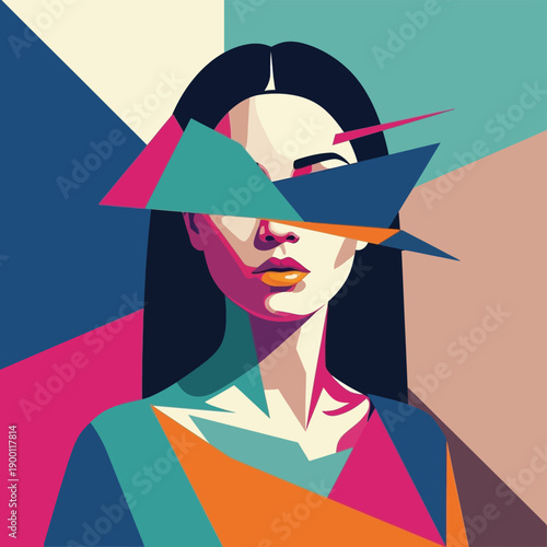 Vibrant woman with colorful geometric shapes covering her face