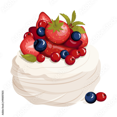 Berry Pavlova Dessert. Creamy Meringue Cake with Strawberries and Blueberries. Sweet Bakery Pastry. Flat Vector Illustration.