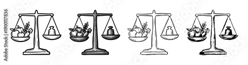 Four hand-drawn balance scales illustrations weighing fresh fruits and vegetables against a standard weight in a black and white sketch style, showing concepts of value and nutrition