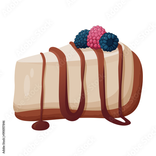 Cheesecake Slice with Chocolate Sauce and Berries. Sweet Creamy Dessert. Bakery Pastry. Flat Vector Illustration Isolated.
