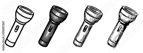 Set of four hand-drawn flashlight illustrations showing a stylistic progression from a simple outline to a detailed, textured, and sketchy ink drawing