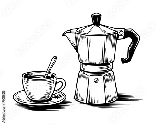 Black and White Moka Pot and Coffee Cup with Spoon Saucer