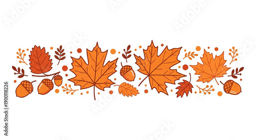 Orange and Brown Autumn Leaves and Acorns Horizontal Border Illustration