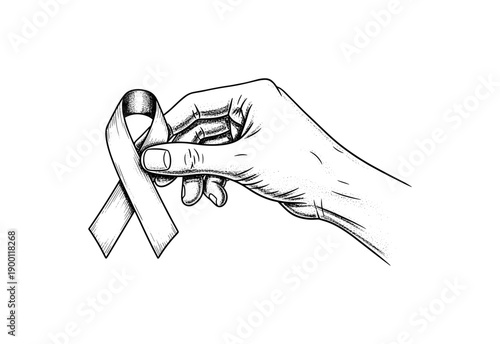 Hand holding awareness ribbon in detailed sketch style for cause support