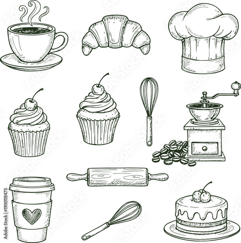 Hand drawn sketches of pastries coffee and baking tools