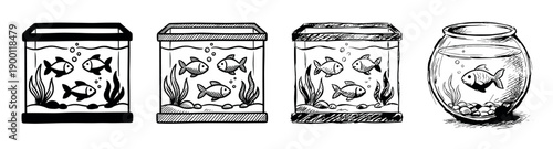 Set of four hand-drawn aquariums and fishbowls with swimming fish, seaweed, and bubbles, illustrated in a black and white doodle sketch style with various line art techniques