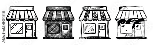 Four hand-drawn black and white store illustrations in various sketch styles, including stippling, cross-hatching, and scribbles, representing small local business concepts