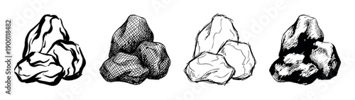 Set of four hand-drawn rock pile illustrations in various black and white ink sketch styles, including outline, cross-hatching, and bold graphic silhouette for nature design elements