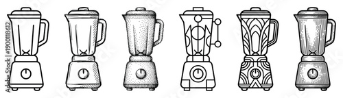 Set of six kitchen blenders illustrated in various artistic styles, including line art, sketch, stippling, geometric, decorative, and engraved black and white designs