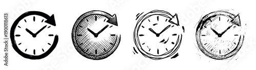 Hand-drawn clock icons with circular arrows in a sketchy doodle style, a set of four black and white illustrations representing time, schedule, history, and duration