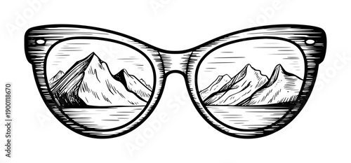 Black and white of sunglasses reflecting mountains and calm water reflection landscape