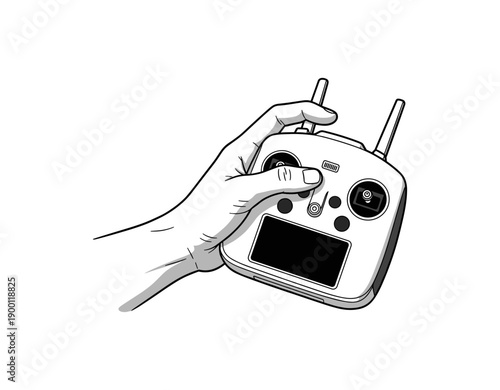 Hand holding drone remote control in monochrome line art style