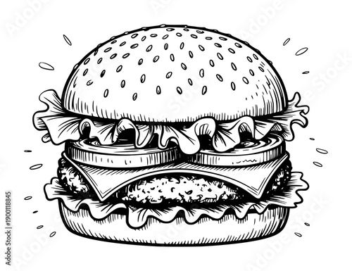 Hand Drawn Black and White of a Delicious Burger with Lettuce Cheese and Tomato hamburger food