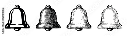 Set of four hand-drawn bell icons in various sketch styles, a collection of black and white doodles with hatching and line art for notification or alert symbols