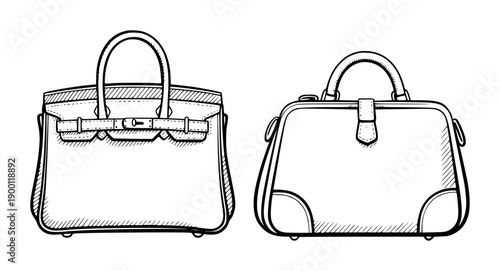 Hand Drawn Black Outline Fashion Handbags White Background accessory luggage