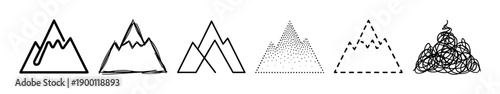 Collection of black mountain line icons in various artistic styles including minimalist, sketch, doodle, geometric, stippled, and dashed line art for creative design concepts
