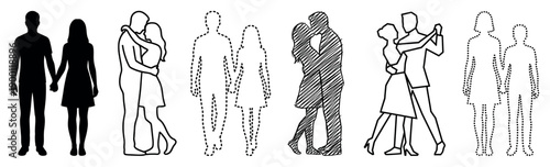 Collection of six couple illustrations showing various romantic poses like holding hands, kissing, and dancing in different graphic styles including silhouette and line art
