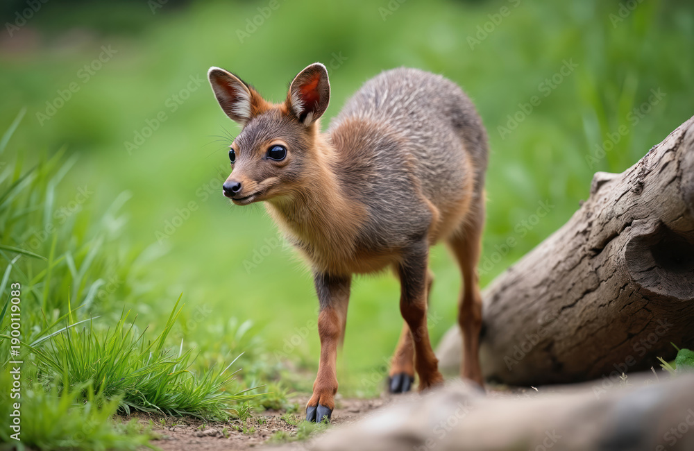 Fototapeta premium Small deer pudu walks on green grass near log in zoo enclosure. Tiny cervid mammal with brown fur and big ears looks alert. Rare animal in park habitat.