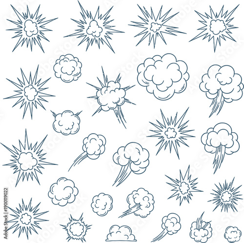 Collection of hand drawn explosion and cloud illustrations
