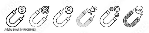 Set of six business marketing magnet icons attracting money, targets, users, gears, and clicks, illustrated in various black line art styles like dashed and dotted