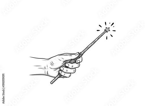 Hand holding magic wand in detailed sketch style with star sparkle