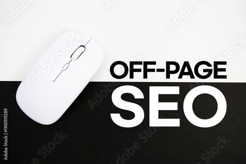 On-Page SEO text and wireless mouse on white and black background