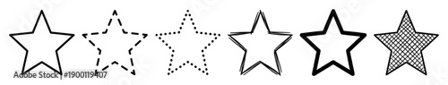 Collection of six black star shapes in various hand-drawn styles including solid, dashed, dotted, sketchy, bold, and crosshatched, presented as a minimalist graphic icon set