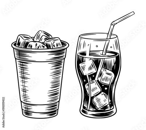 Vintage Style of Cold Drinks with Ice Cubes and Straw White Background beverage glass