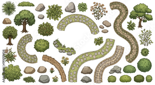 Top view vector garden elements set: trees, bushes, rocks, and winding stone paths for landscape design, isolated on white