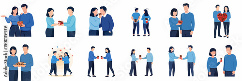 Flat Illustration of Man and Woman Exchange Valentine Present on Dating Moment